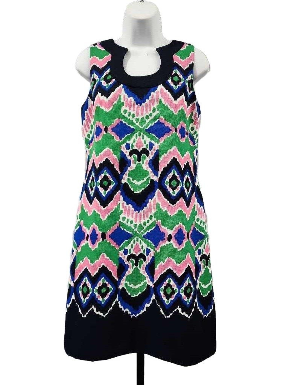 Gabby Skye Sleeveless Ikat Print Shift Dress in Green, Pink & Blue 12